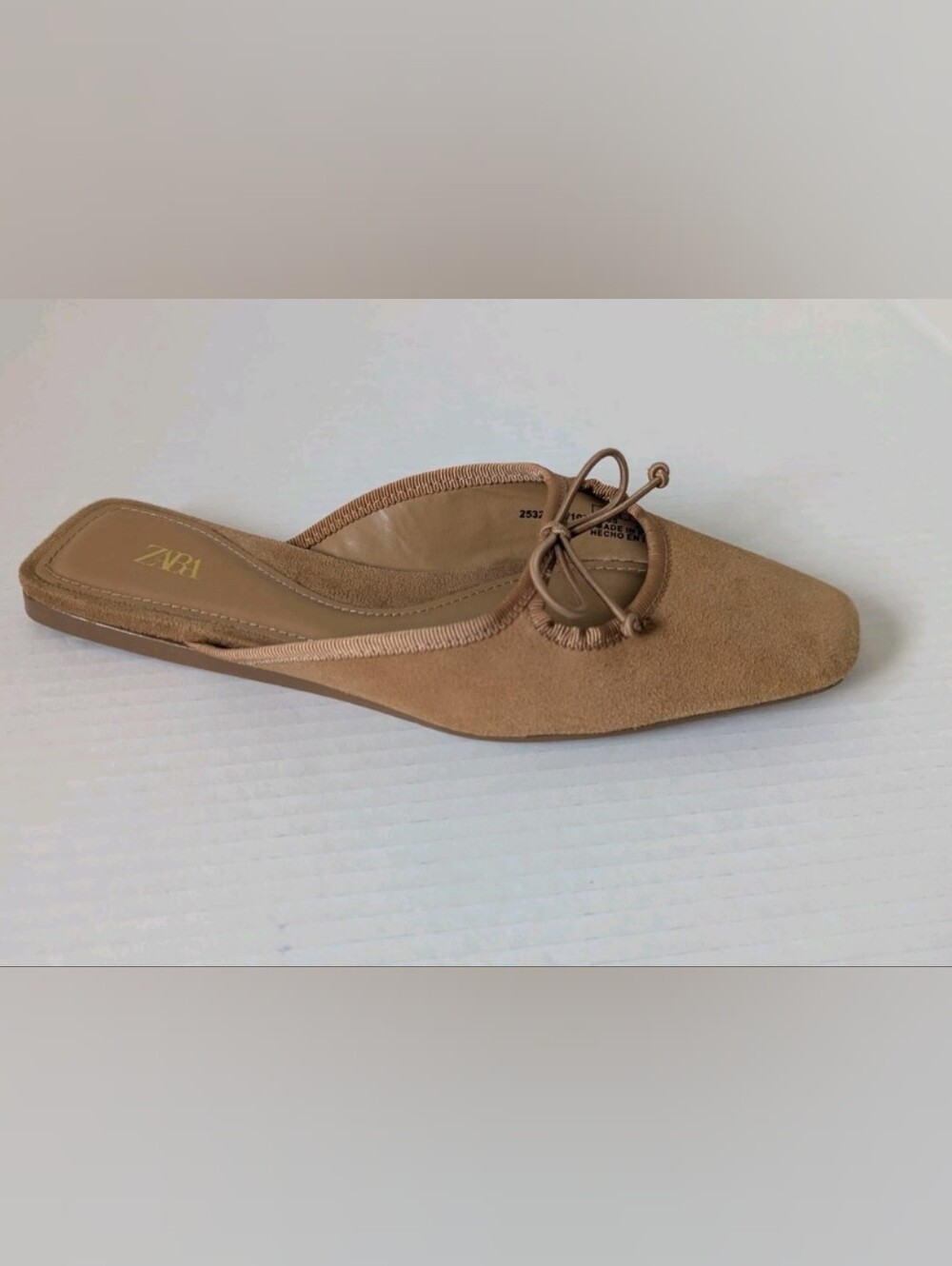Zara Square Toe Suede Ballet Mule Flats- Tan Womens Size UER 5 - Picture 2 of 8